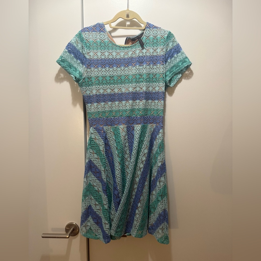Fun party/ work/ everyday dress. Bcbg blue green striped dress.
